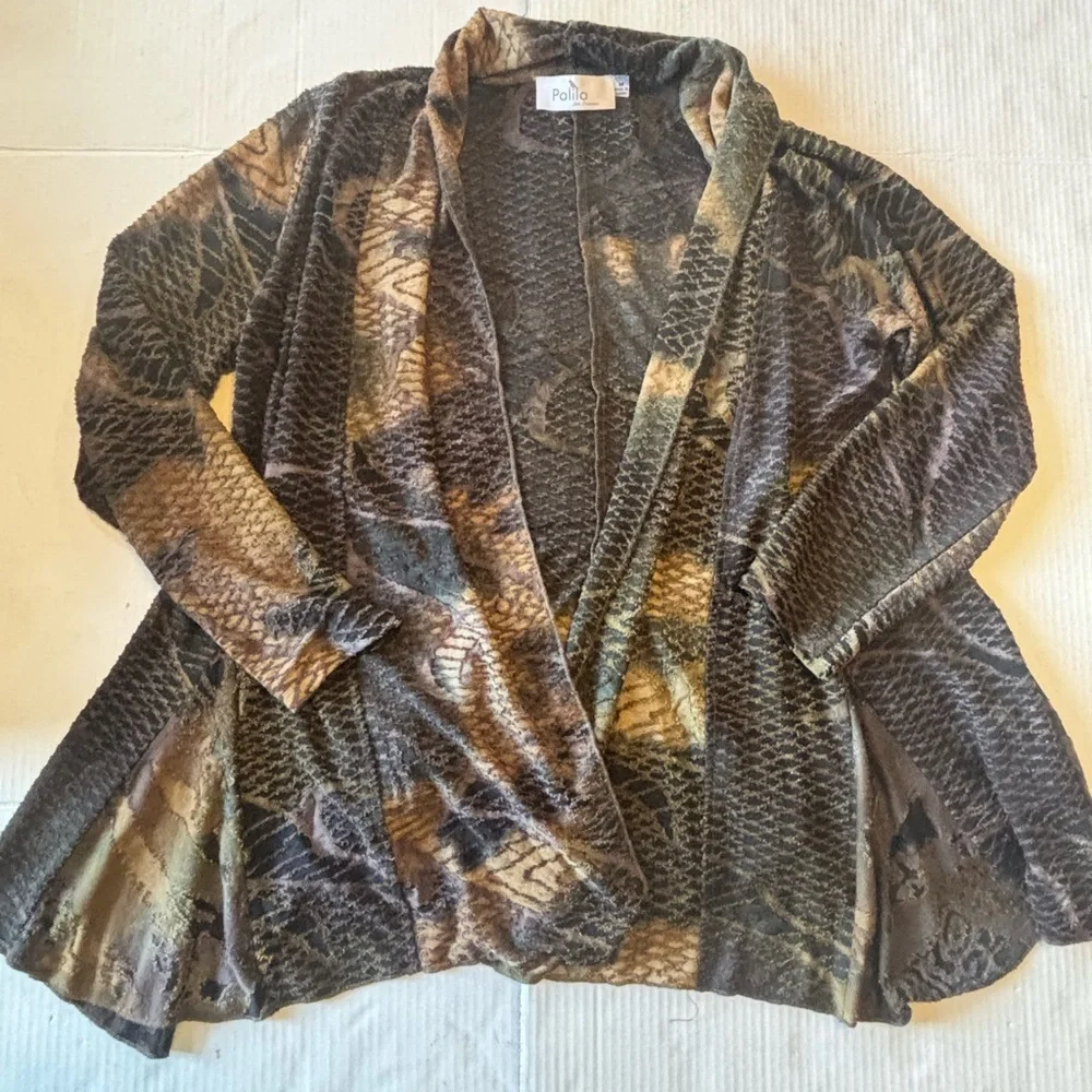 Palila Sheer Snake Print Waterfall Cardigan Brown Beige Drape Open Front M Boho